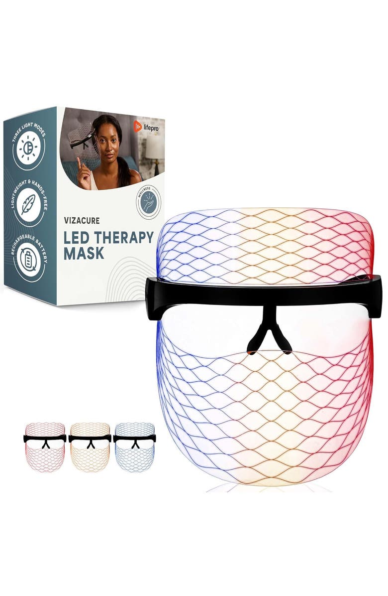Lifepro Silicone Face LED Mask Red Light Therapy Mask with 3 Colors for At Home Skincare, Main, color, Black