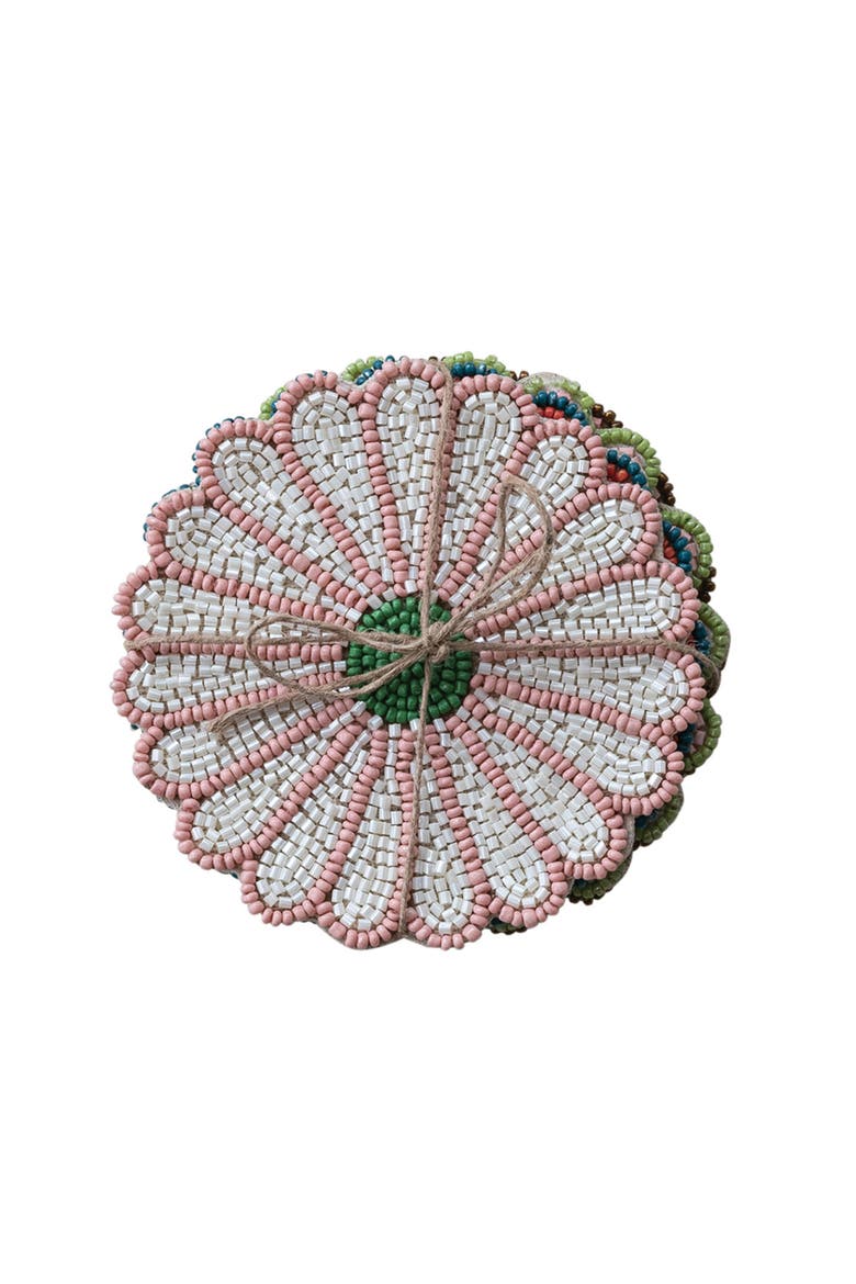 4-Piece Beaded Glass Flower Shaped Coasters with Jute Tie, 4 Colors, Alternate, color, Multicolor
