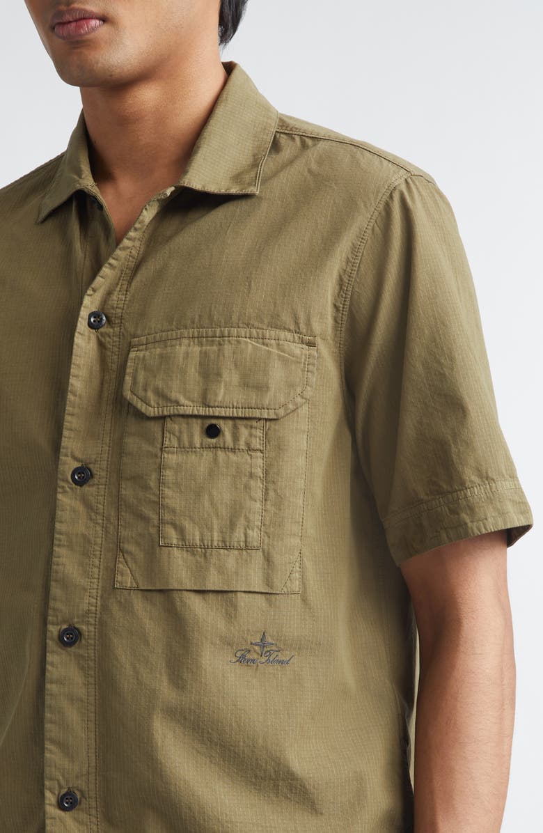 Stone Island Cotton & Nylon Ripstop Short Sleeve Button-Up Shirt, Alternate, color, Military Green