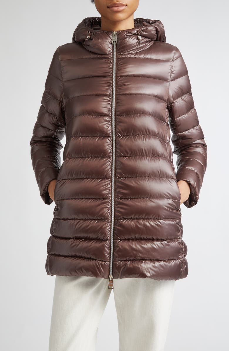 Herno Shiny Nylon Hooded Down Puffer Jacket, Main, color, Chocolate