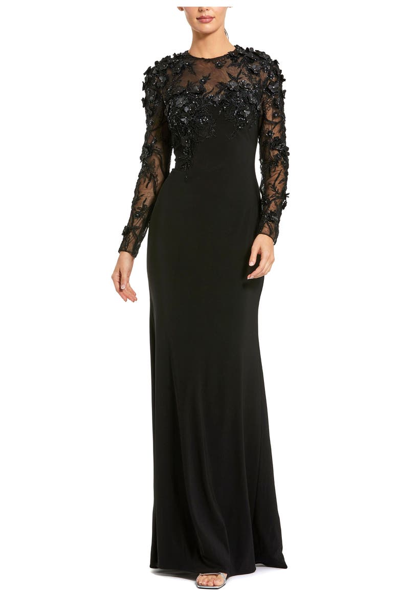 Mac Duggal Women's Jersey Long Sleeve Fitted Gown With Floral Beading, Main, color, Black