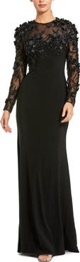 Mac Duggal Women's Jersey Long Sleeve Fitted Gown With Floral Beading