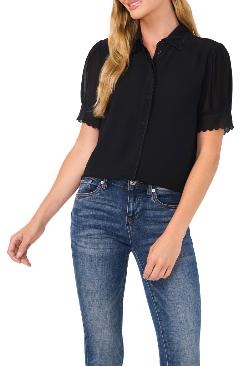 Scallop Trim Button-Up Shirt, Main, color, RICH BLACK