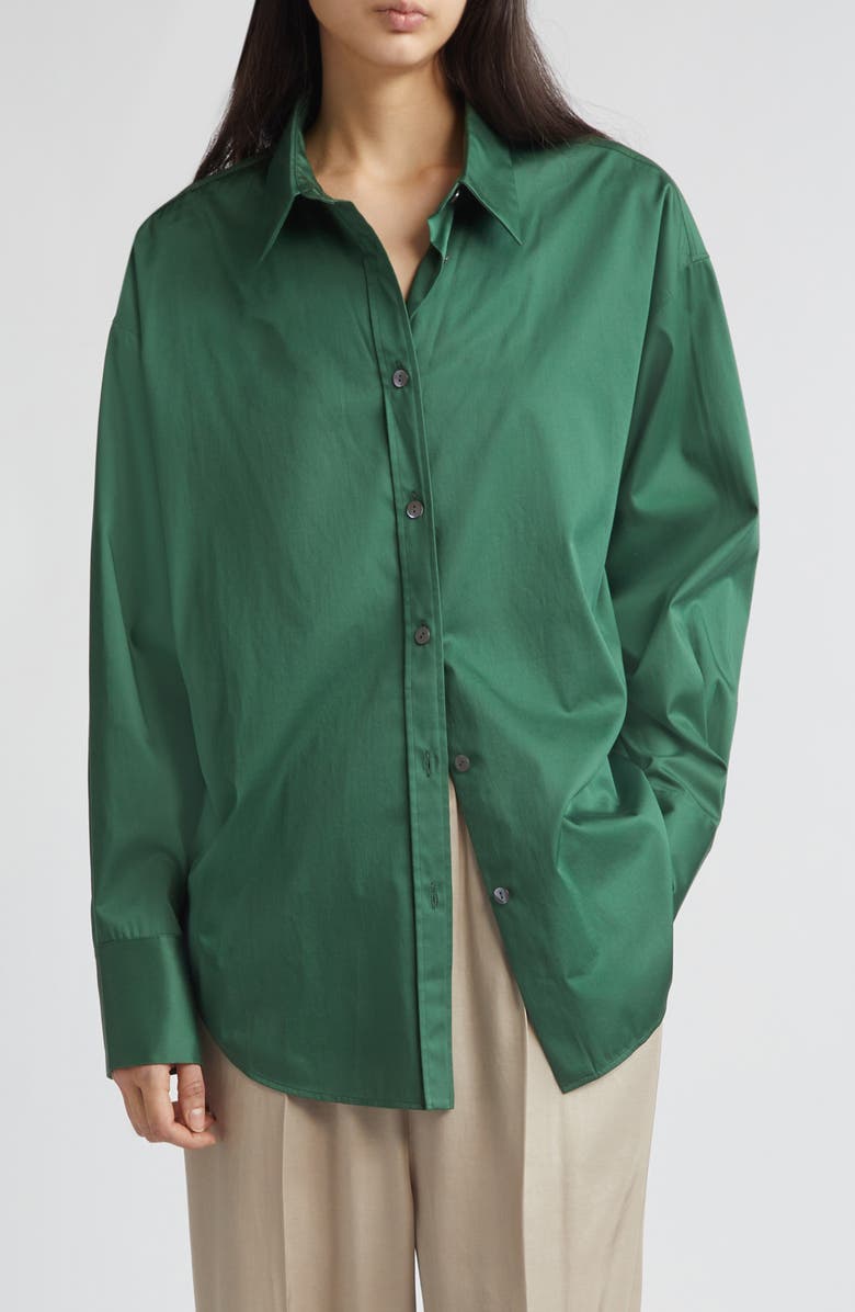 GIA STUDIOS Doona Oversize Stretch Cotton Button-Up Shirt, Main, color, Green