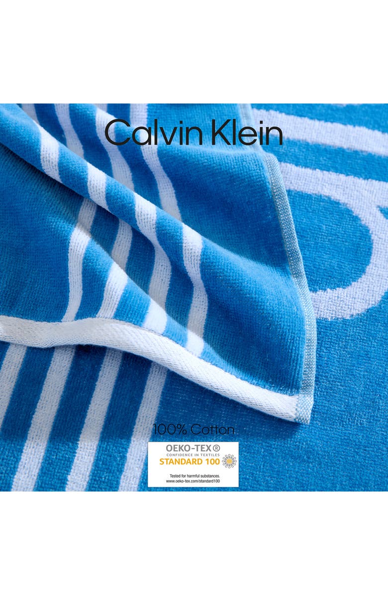 Calvin Klein Pinstripe Logo Beach Towel, Alternate, color, Jasper Blue/White