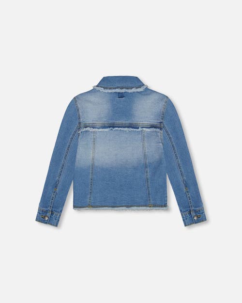 Deux Par Deux Girl's Frayed Denim Jacket With Embroidery Jeans Blue In Jeans Blue