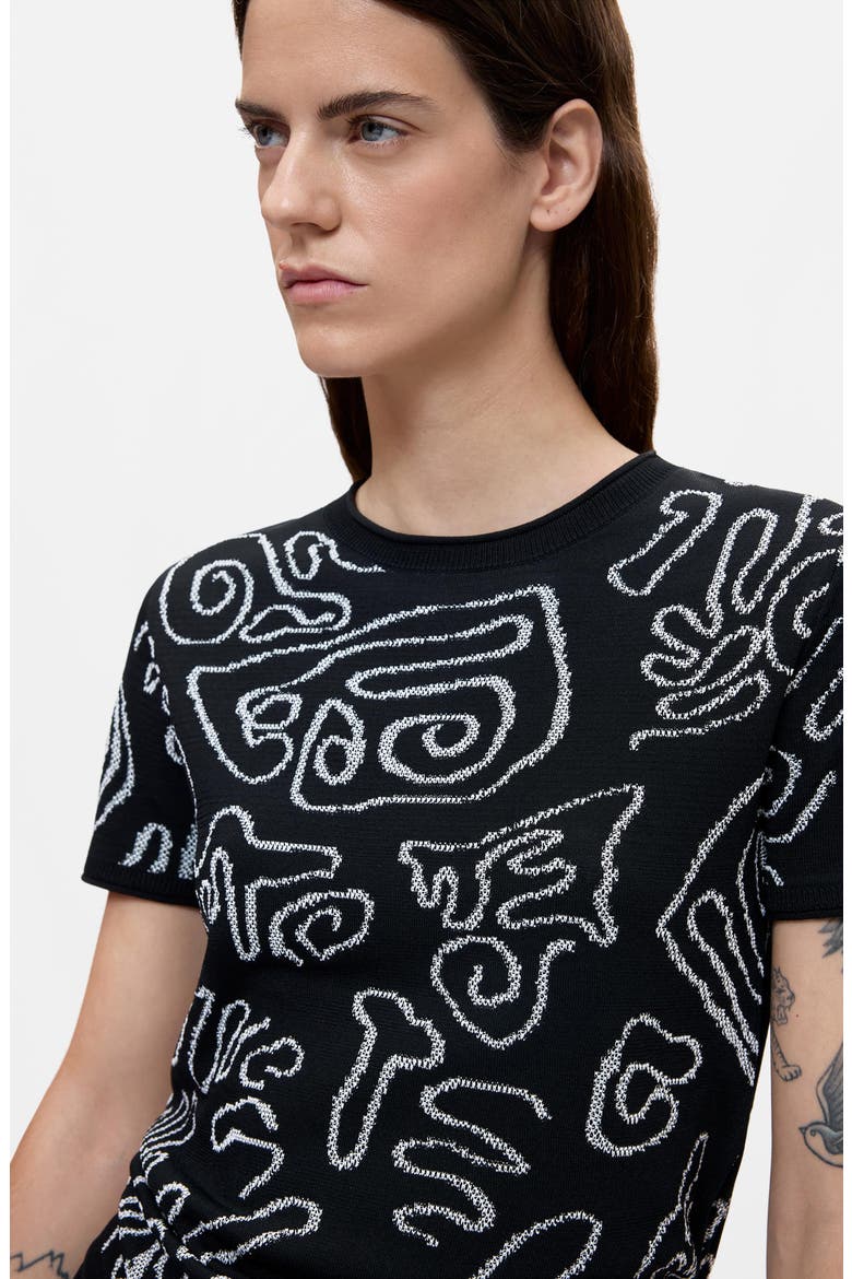 Jacquard Short Sleeve Knit Top, Alternate, color, BLACK