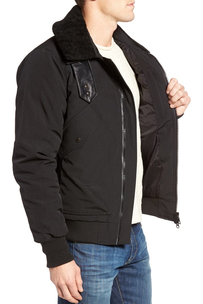 Bromley Slim Fit Down Bomber Jacket with Genuine Shearling Collar, Alternate, color, BLACK