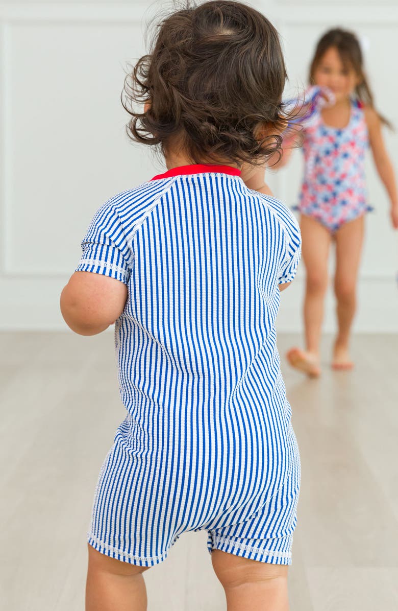 RuggedButts Blue Seersucker One-Piece Rashguard Swimsuit & Hat Set, Alternate, color, 