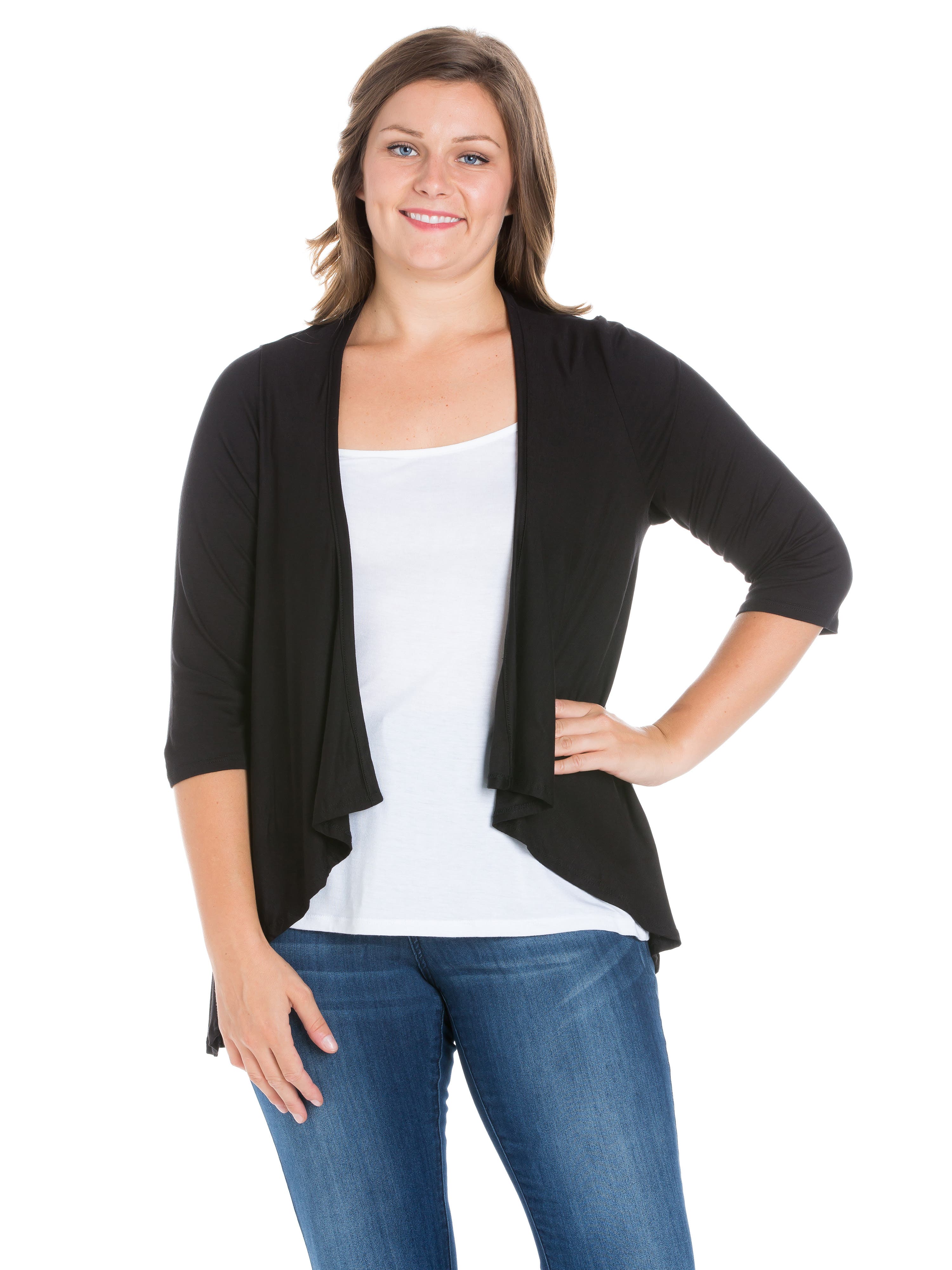24seven Comfort Apparel Womens Elbow Sleeve Open Front Plus Cardigan In Black