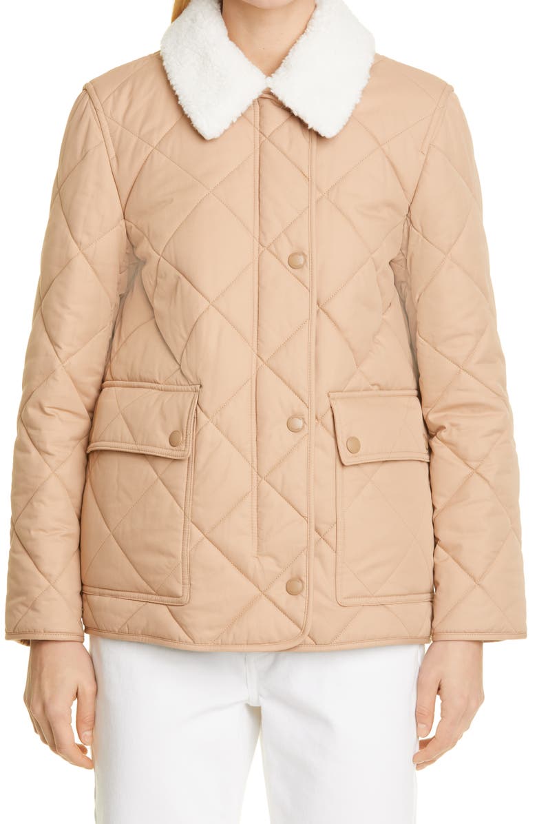 Burberry Kemptown Quilted Gabardine Coat with Removable Faux Shearling Collar, Main, color, 