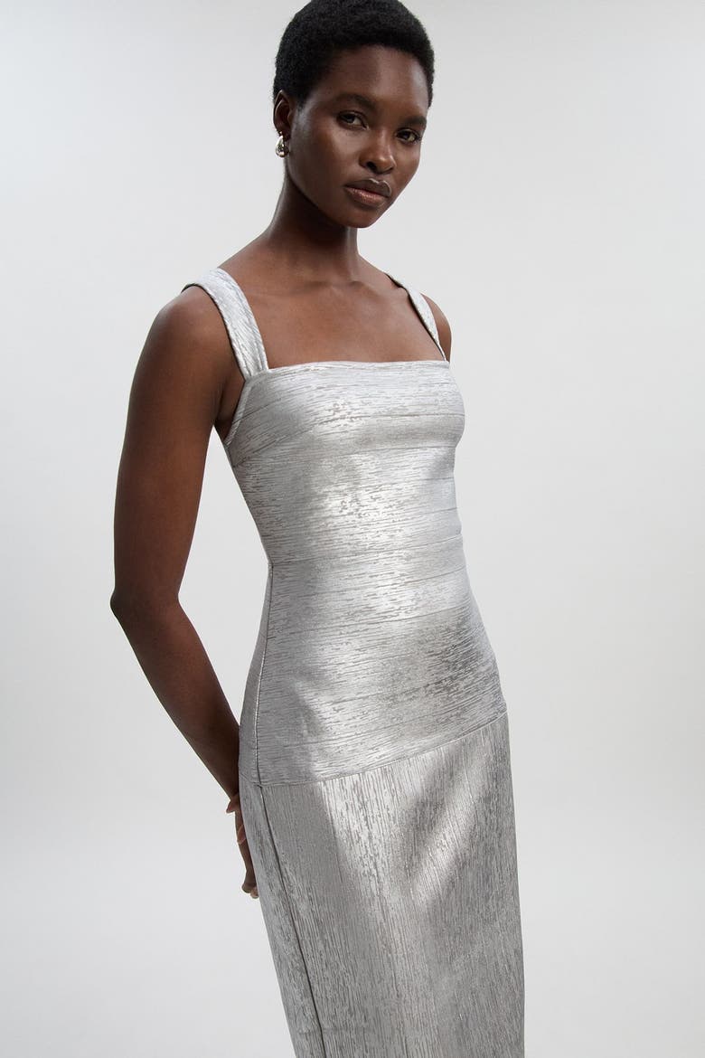 Metallic Strappy Knit Maxi Dress, Alternate, color, Silver