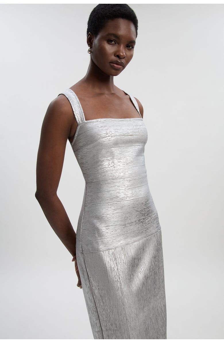 Karen Millen Metallic Strappy Knit Maxi Dress, Alternate, color, Silver