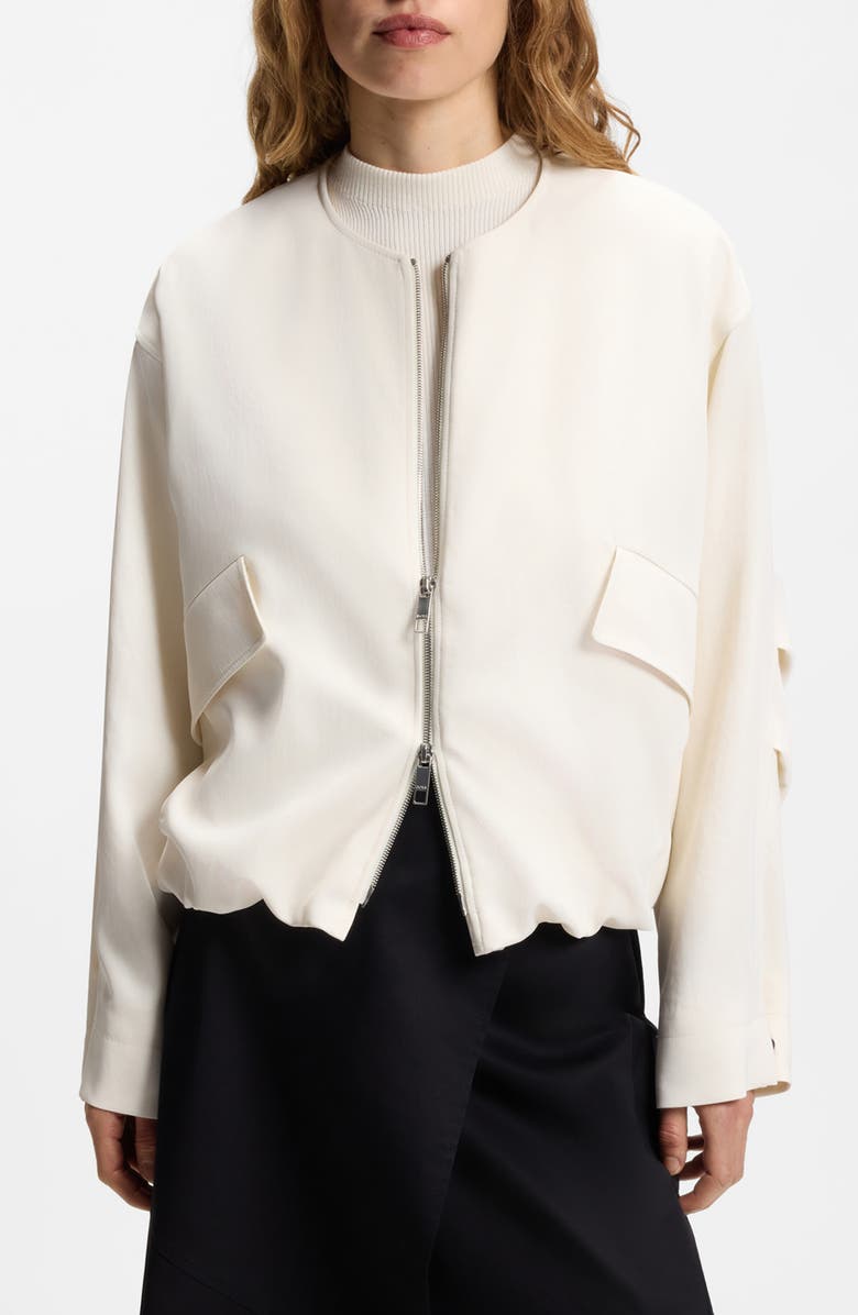 BOSS Jajila Bubble Hem Twill Bomber Jacket, Main, color, Soft Cream