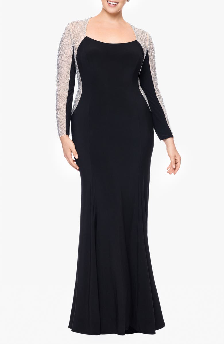 Xscape Evenings Beaded Long Sleeve Jersey Gown, Main, color, 