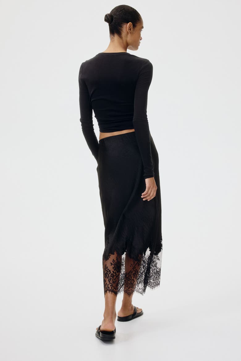 Lace-trimmed Satin Skirt, Alternate, color, Black