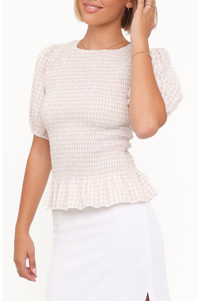 Callista Smocked Gingham Top, Alternate, color, BEIGE GINGHAM