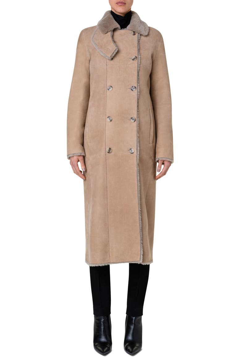 Double Breasted Genuine Shearling Leather Coat, Main, color, 033 MALT