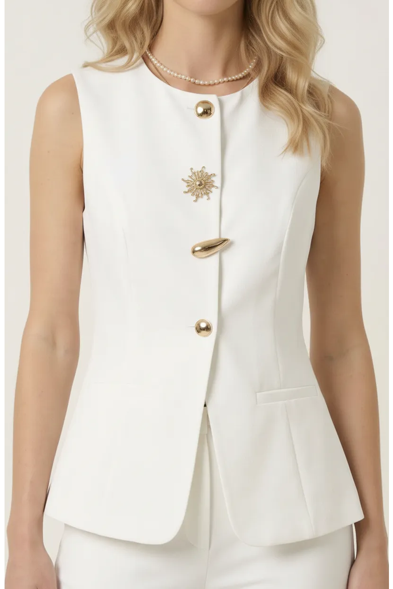 Sleeveless Tailored Blazer Top with Button Detail, Main, color, White