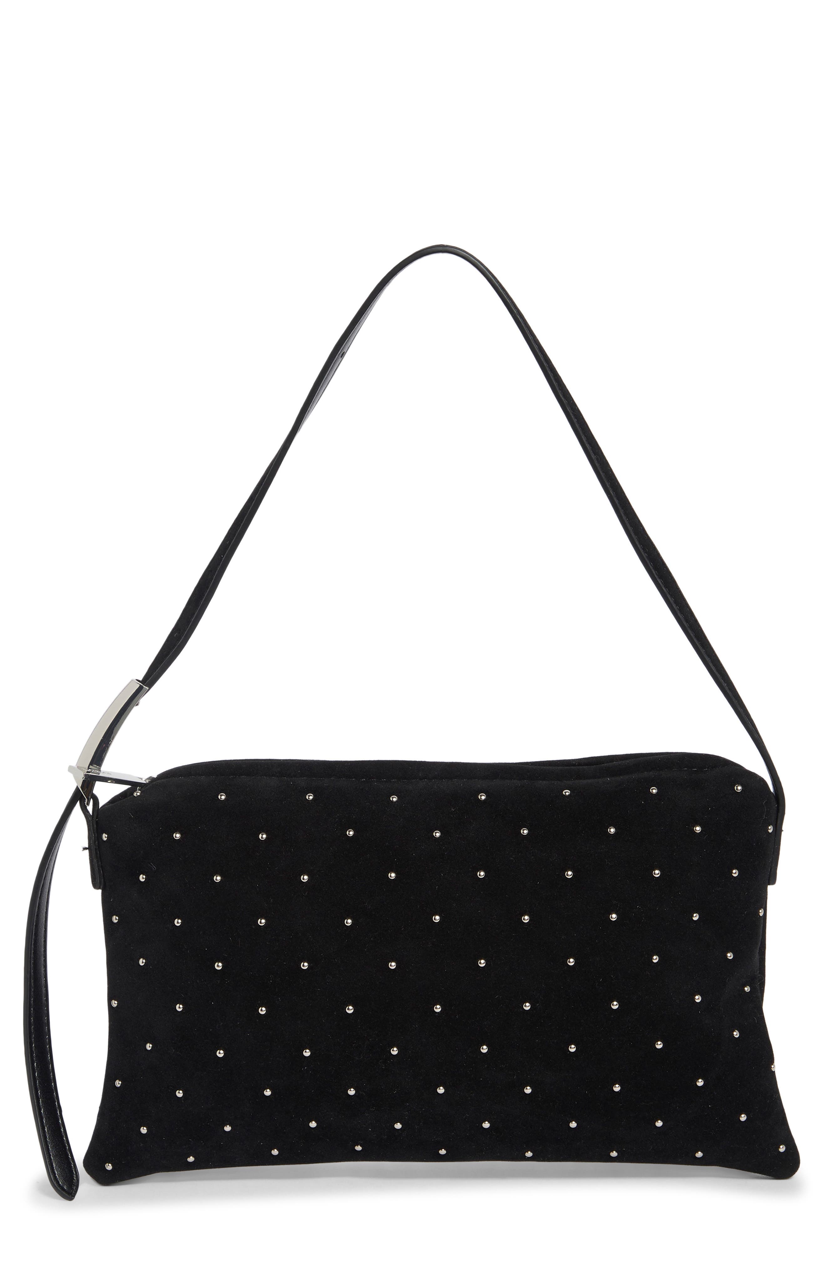 Studded Faux Suede Hobo, Main, color, BLACK