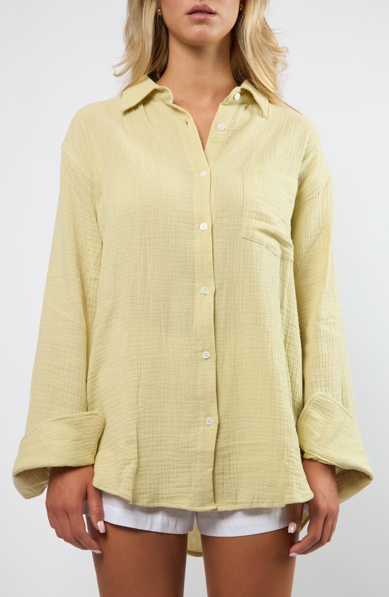 Viens Avec Moi Resort Crinkle Cotton Button-Up Shirt, Main, color, Seafoam