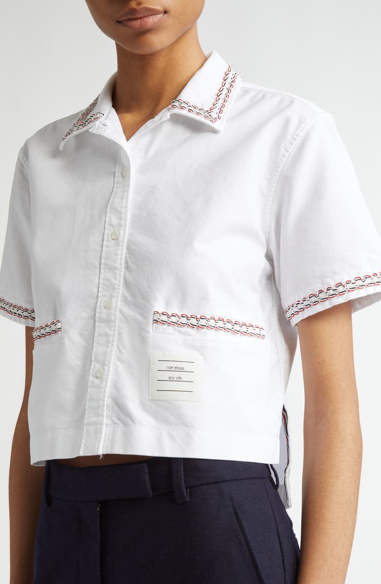 Thom Browne Drop Back Crop Short Sleeve Cotton Button-Up Shirt, Alternate, color, 