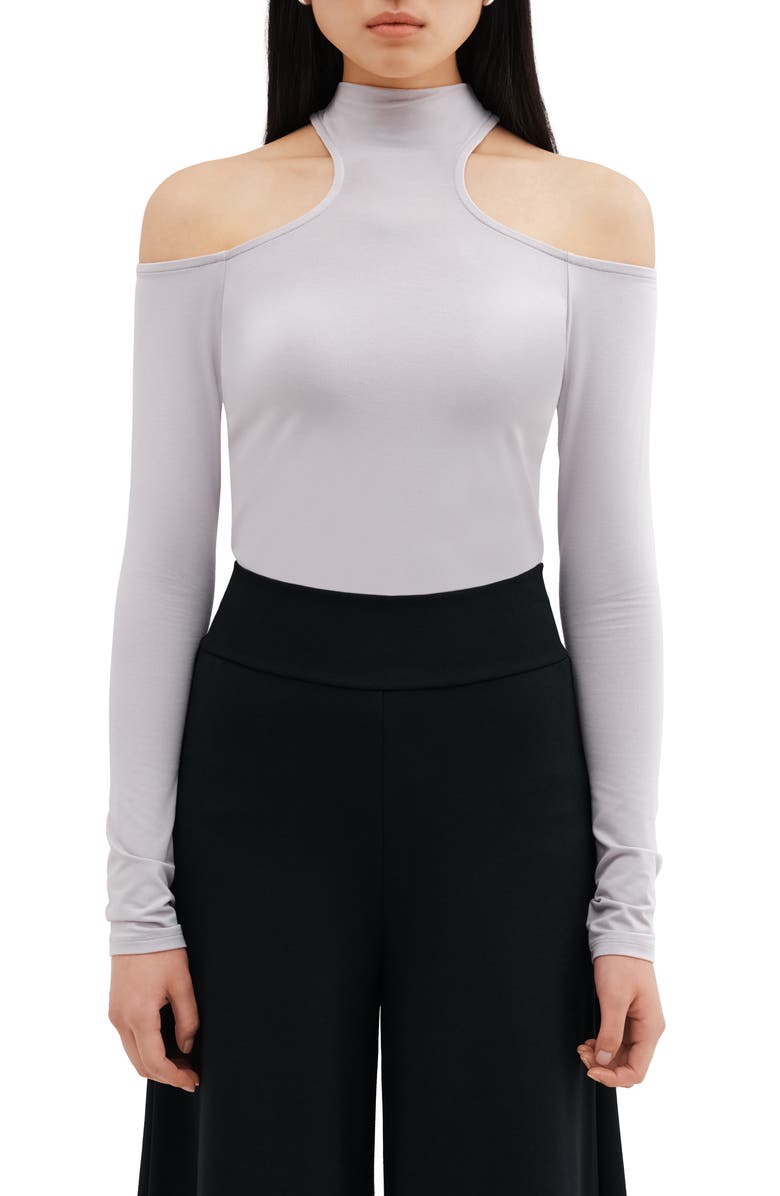 Two Lines by Marcella Cairo Cutout Mock Neck Top, Main, color, Storm Gray
