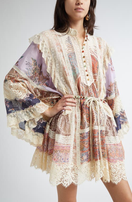 Zimmermann Rhiannon Billow Long Sleeve Lace Trim Minidress In Neutral