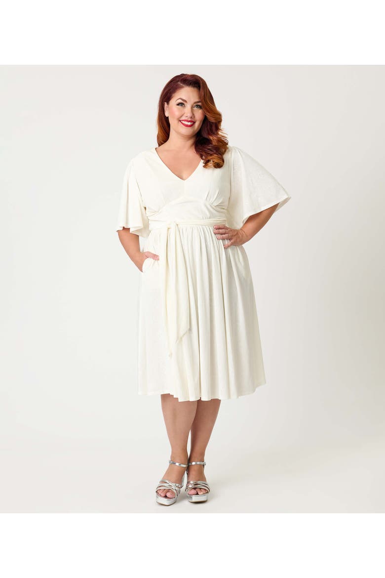 Plus Size 1940s Velvet Flutter Sleeve Swing Dress, Alternate, color, Ivory Peacock Print