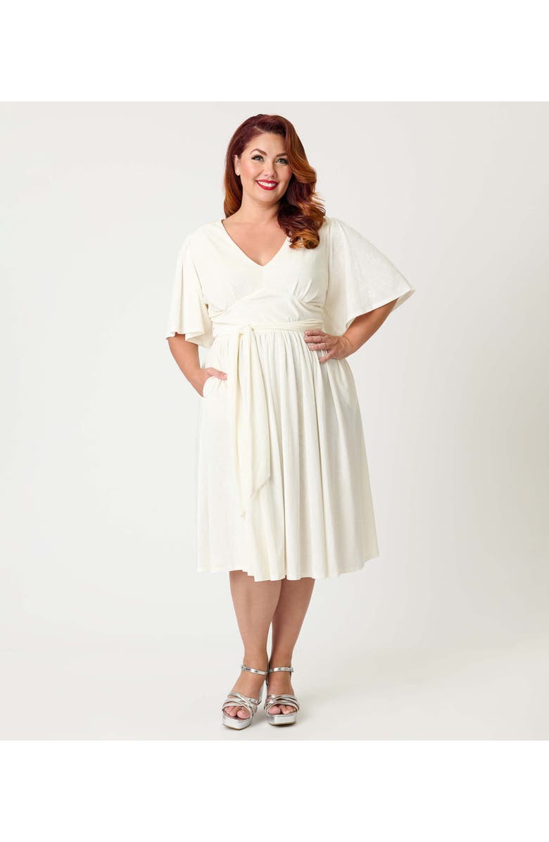Unique Vintage Plus Size 1940s Velvet Flutter Sleeve Swing Dress, Alternate, color, Ivory Peacock Print