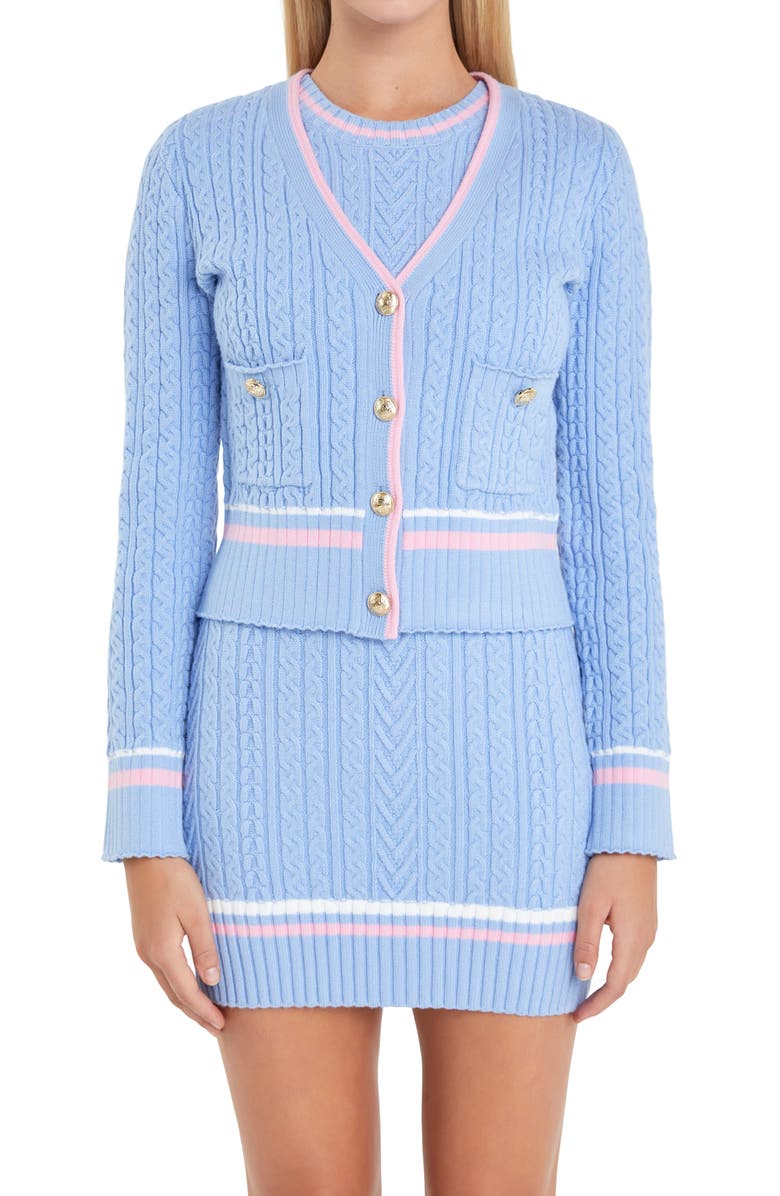 English Factory Stripe Trim Cable Knit Cardigan, Alternate, color, 