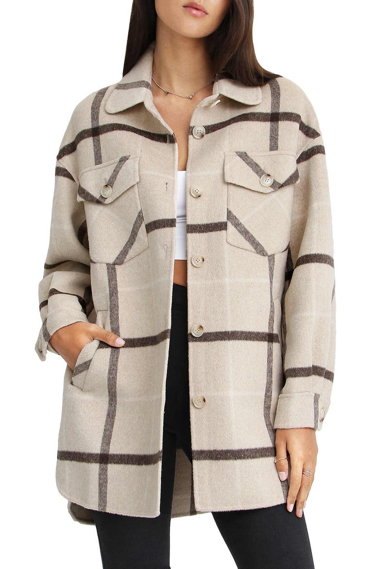 BELLE AND BLOOM Rivers Edge Plaid Shacket, Main, color, BEIGE