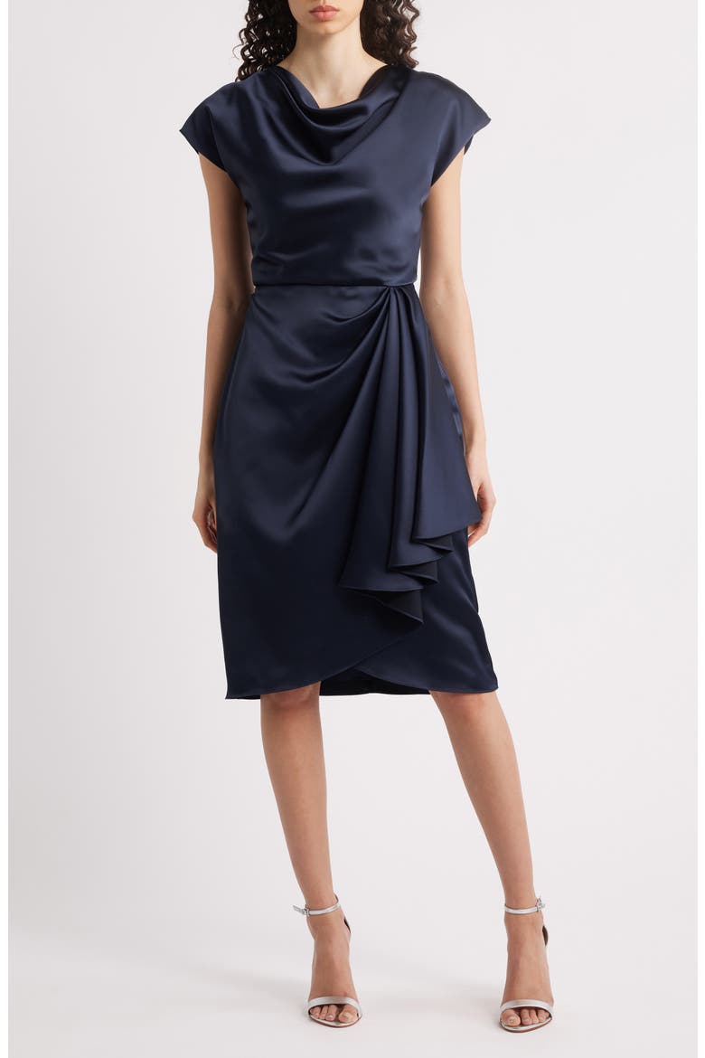 Cowl Neck Satin Sheath Dress, Main, color, NAVY