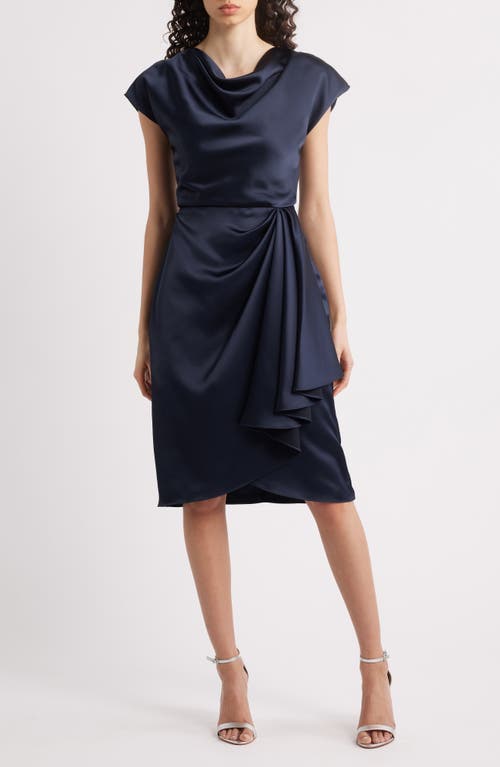 Amsale Cowl Neck Satin Sheath Dress in Navy  product