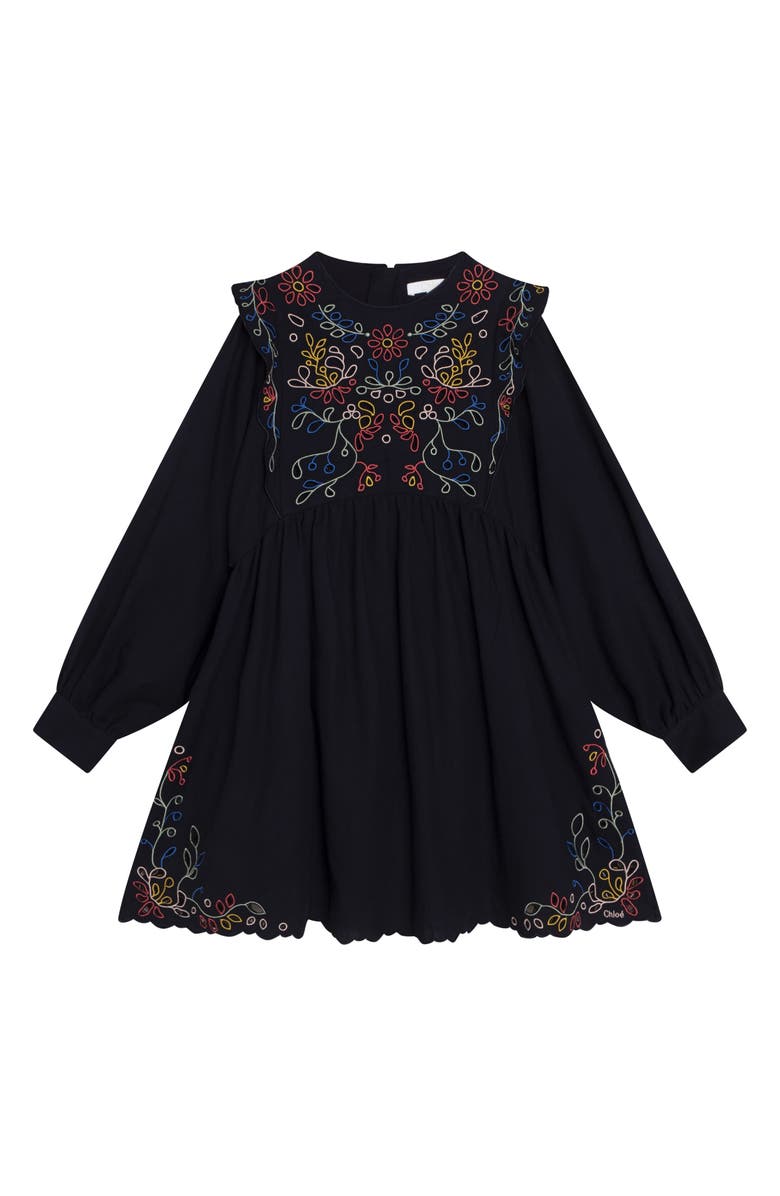 Chloé Kids' Embroidered Long Sleeve Cotton Twill Dress, Main, color,