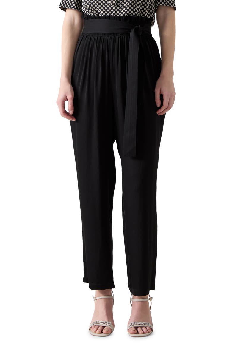 Coco Tie Waist Satin Crepe Straight Leg Pants, Main, color, BLACK
