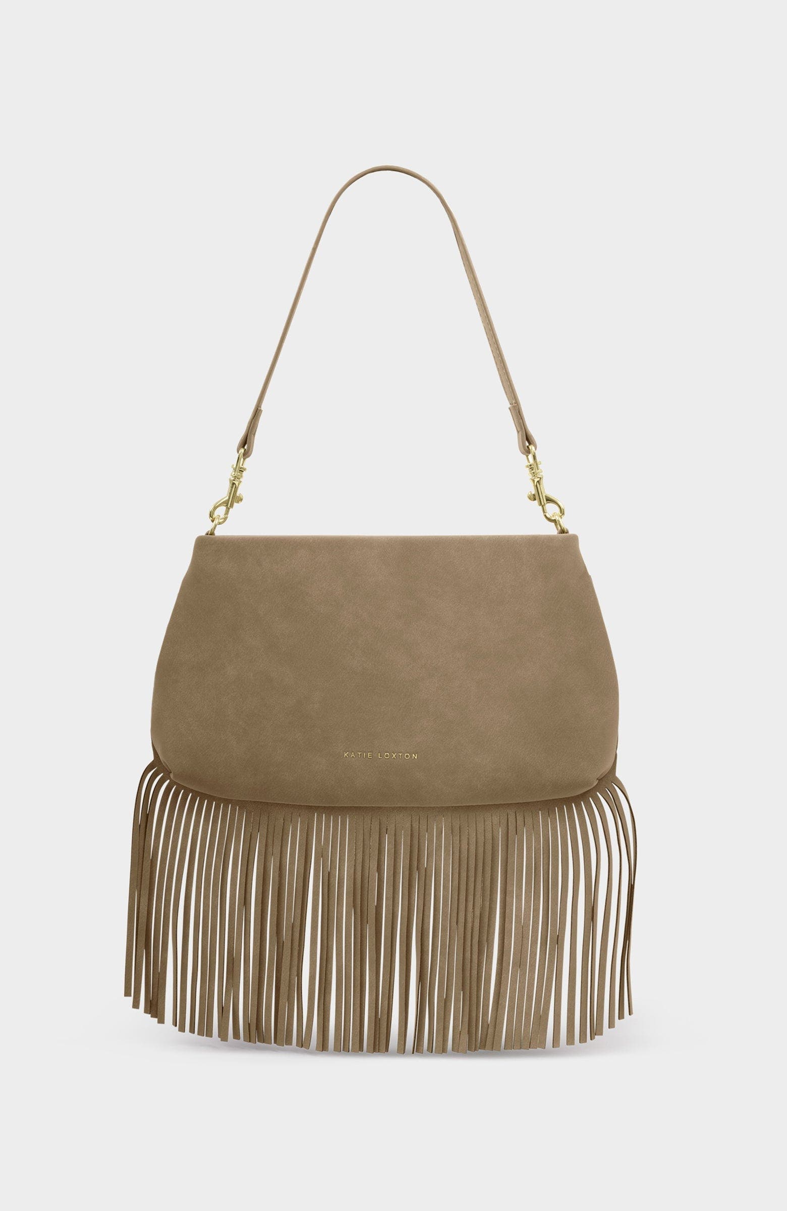 Katie Loxton Cali Fringe Small Shoulder Bag, Main, color, Taupe Suedette