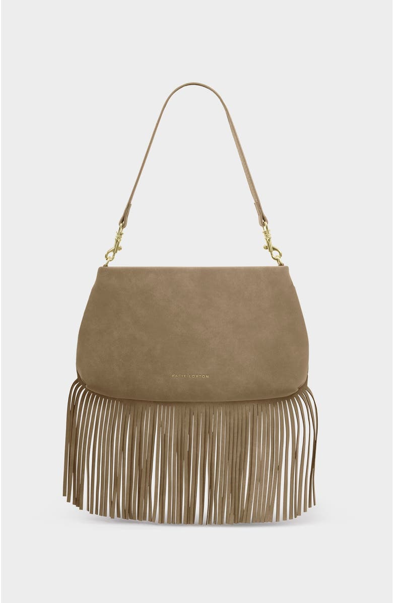 Katie Loxton Cali Fringe Small Shoulder Bag, Main, color, Taupe Suedette