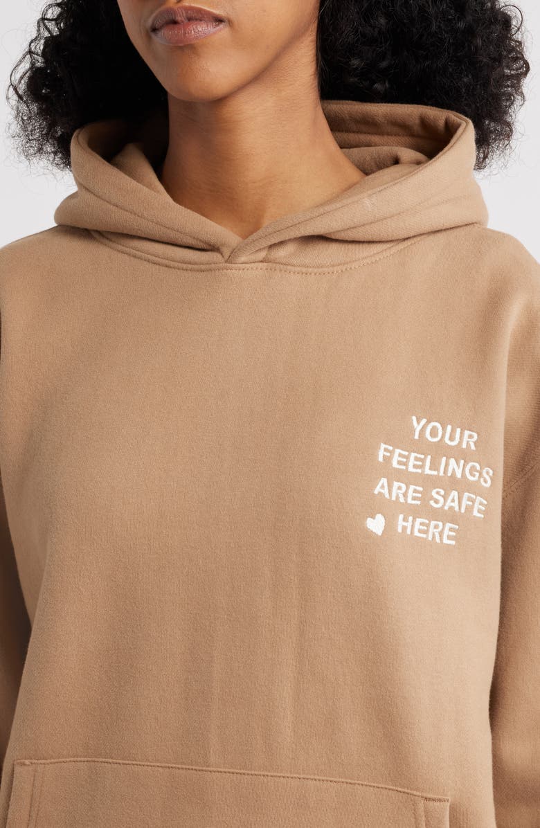 HAPPY CAMP3R Feelings Are Safe Here Hoodie, Alternate, color, Almond