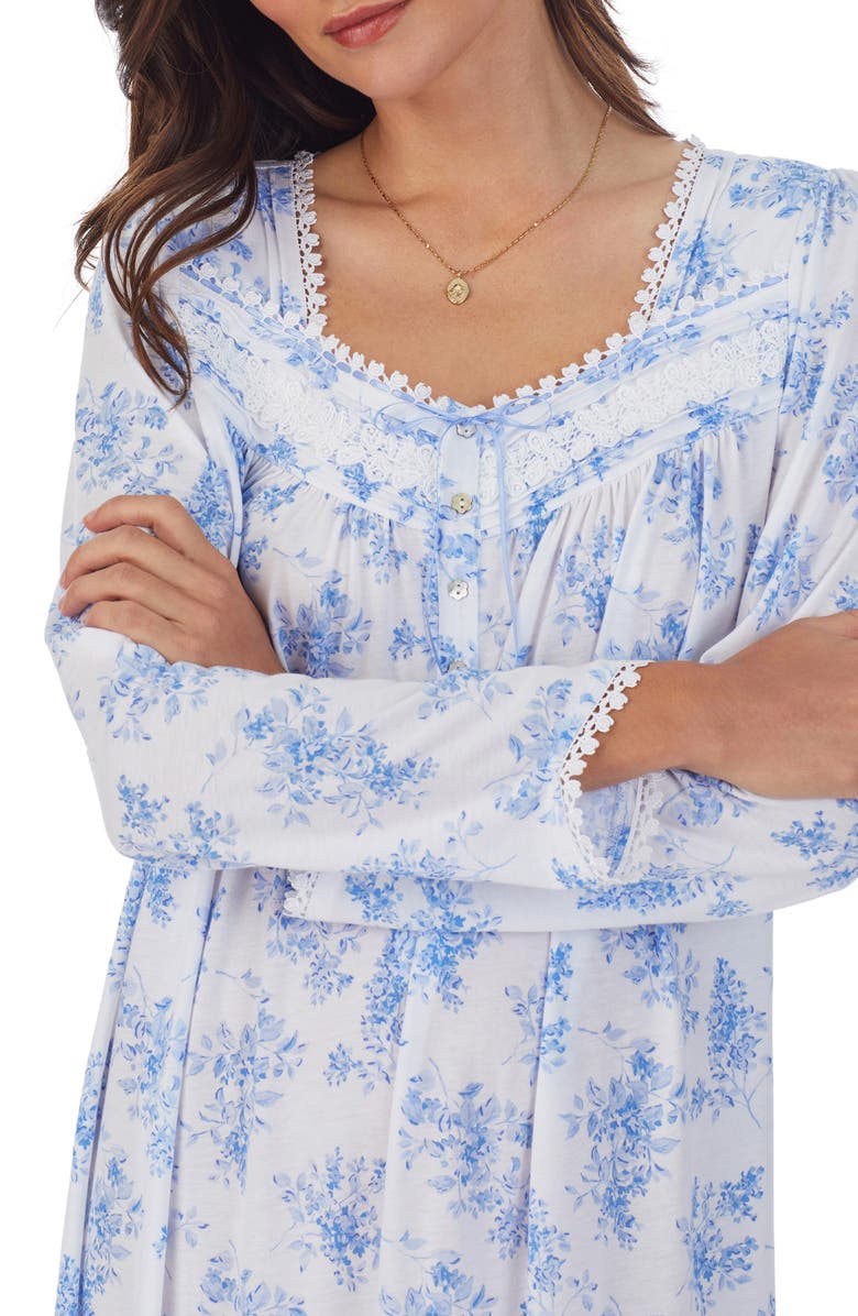 Eileen West Waltz Floral Print Lace Trim Long Sleeve Cotton & Modal Nightgown, Alternate, color, 