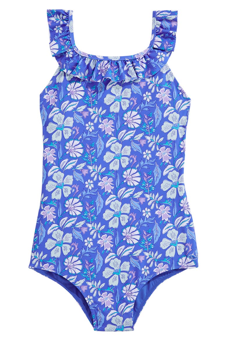Kids' Ruffle One-Piece Swimsuit, Main, color, HIBISCUS BREAKERBLUE
