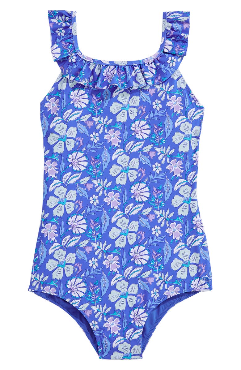 vineyard vines Kids' Ruffle One-Piece Swimsuit, Main, color, Hibiscus Breakerblue