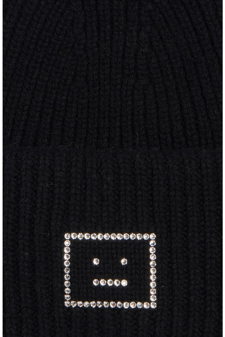 Pansy Crystal Face Wool Rib Beanie, Alternate, color, BLACK