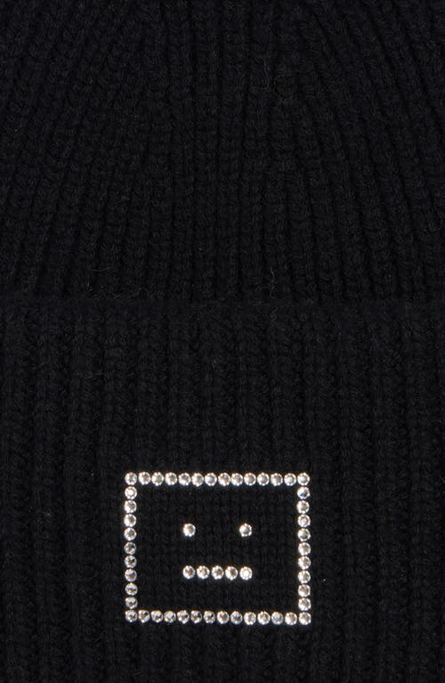 Acne Studios Pansy Crystal Face Wool Rib Beanie In Black