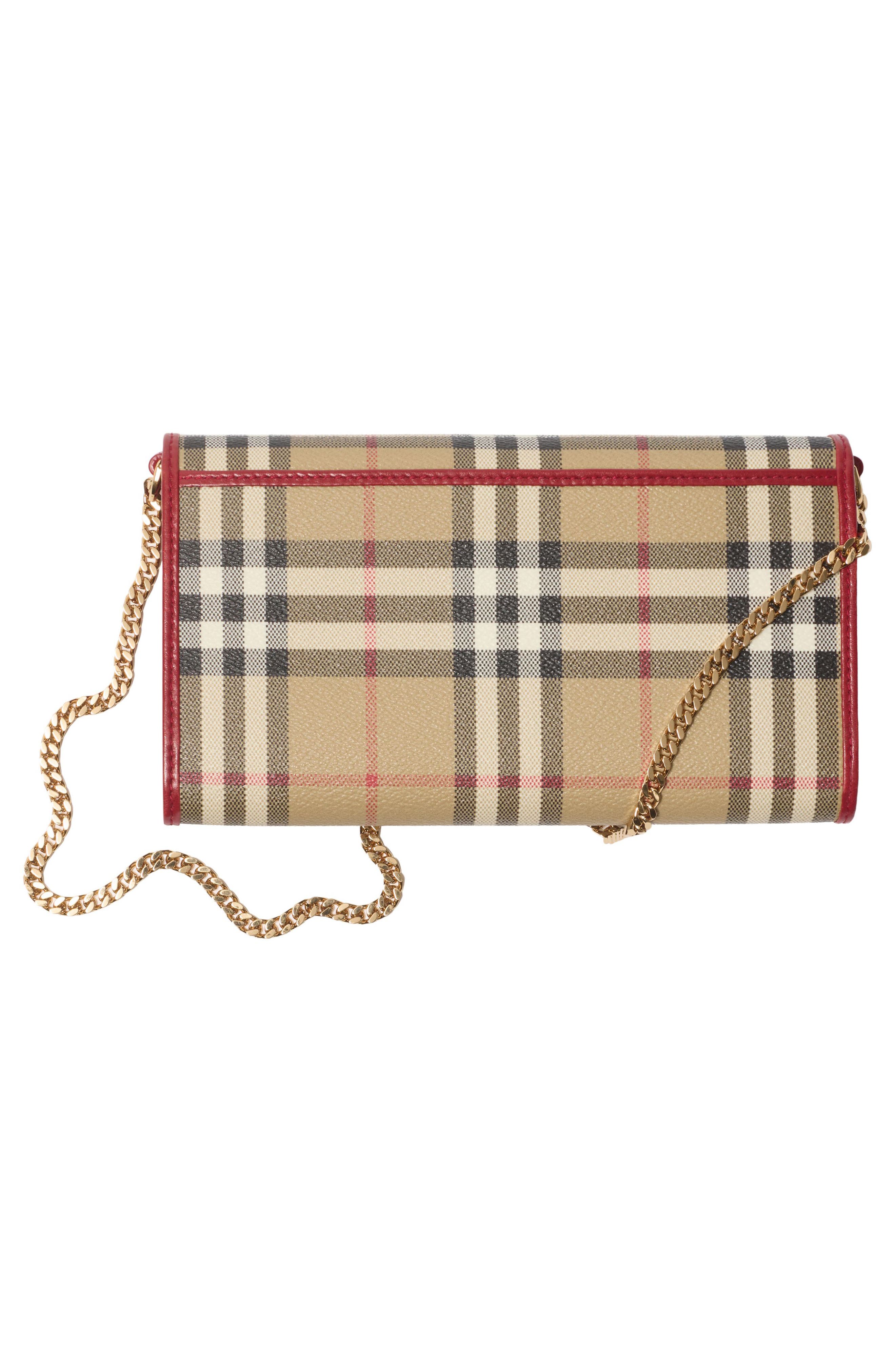 Hannah Check Coated Canvas Wallet on a Chain, Alternate, color, VINTAGE CHECK/ RUBY