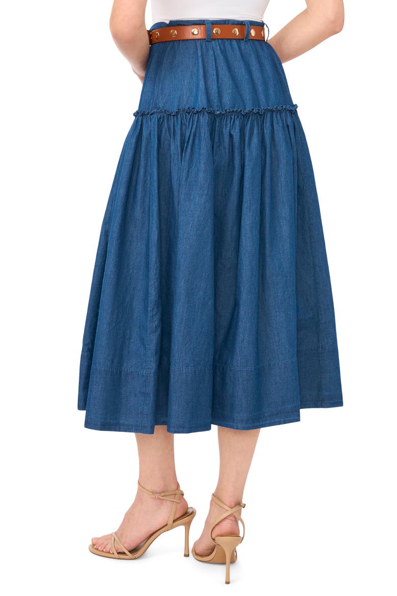 Tiered Belted Denim Midi Skirt, Alternate, color, MID INDIGO