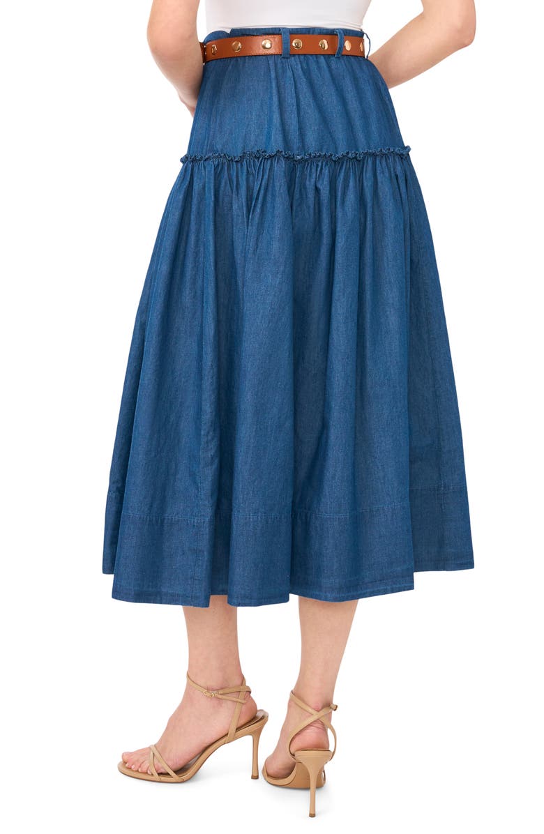CeCe Tiered Belted Denim Midi Skirt, Alternate, color, Mid Indigo