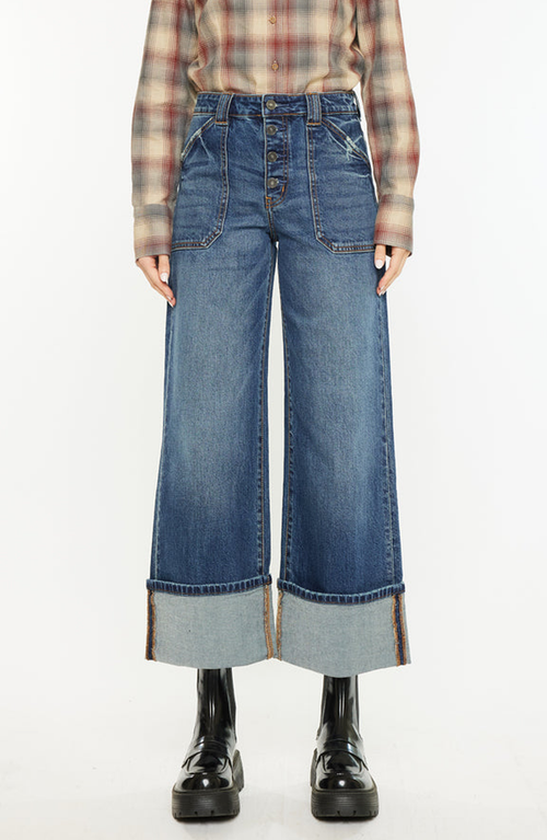 Kancan Beanie High Rise Ankle Wide Leg Jeans In Dark Wash