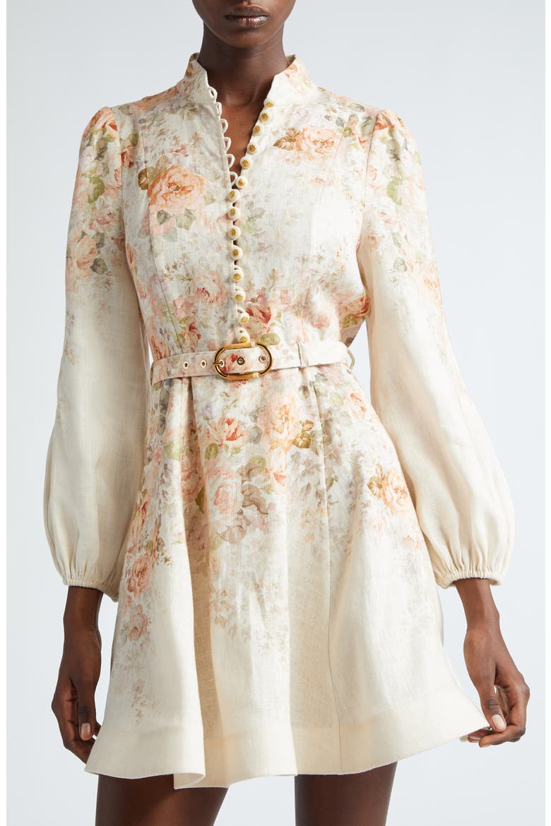 Illustration Floral Long Sleeve Belted Linen Minidress, Alternate, color, CREAM ROCOCO FLORAL