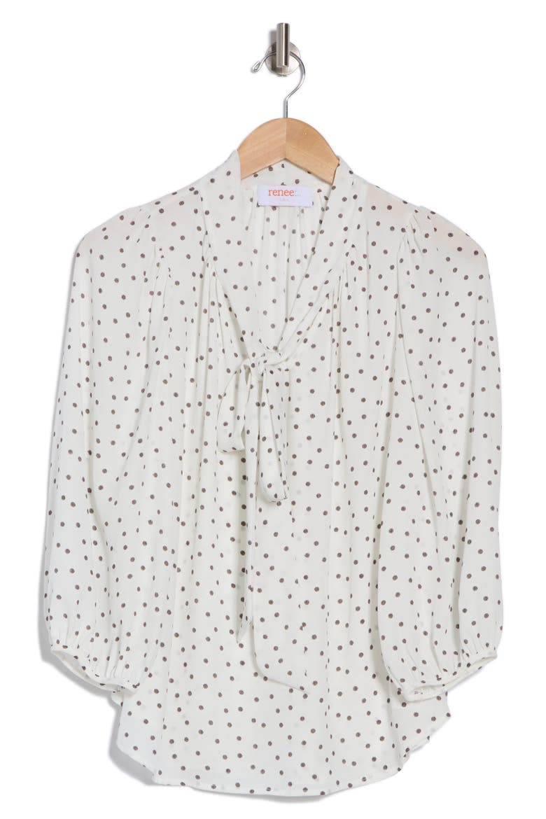Polka Dot Tie Neck Top, Alternate, color, IVORY